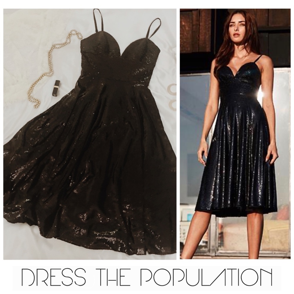 Dress the Population NWT Mimi Sequin Sweetheart Cocktail Prom Formal Black Dress